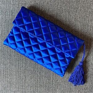 Quilted Satin Clutch with Tassel in Royal Blue
